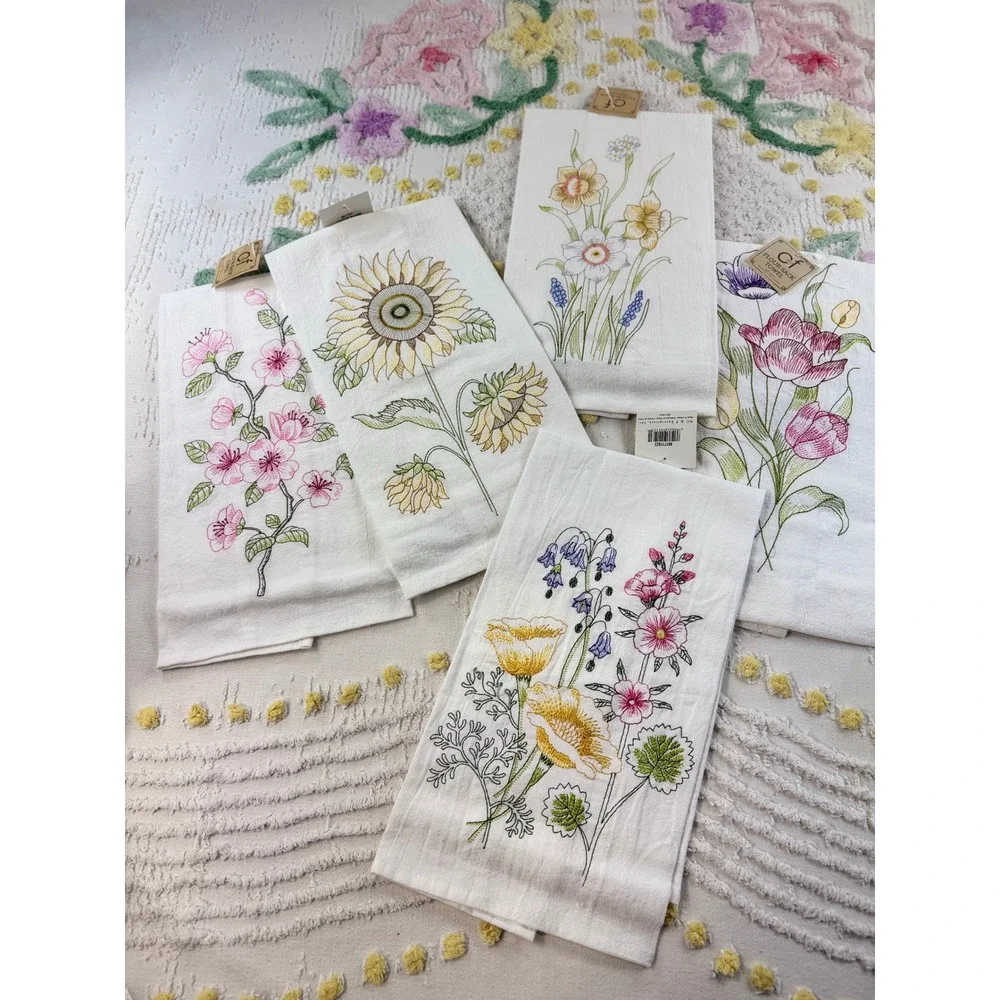 C&F Home Floral Embroidered Flour Sack Kitchen Towels Set of 5 Cotton White New